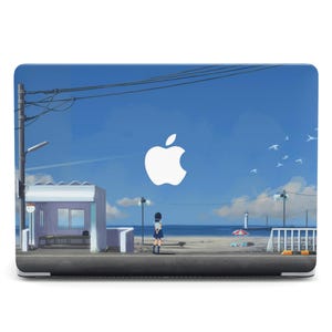 May include: Laptop skin featuring a serene beach scene with a blue sky, white clouds, and a lighthouse. A bus stop and a person are visible. The Apple logo is in the center. The design is a digital illustration.