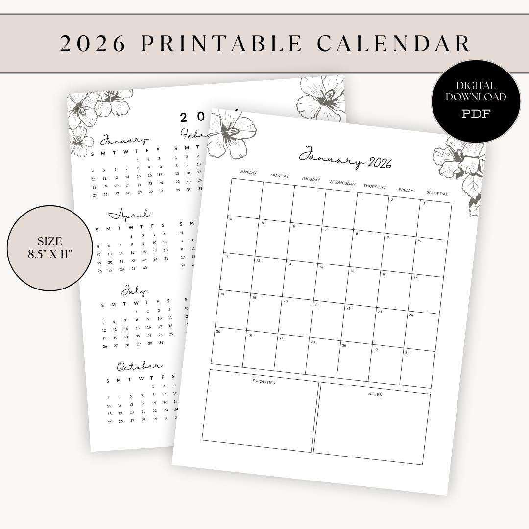 2026 Printable Calendar Vertical With Priorities and Notes Section on ...