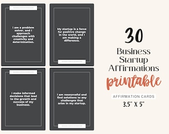 May include: A set of 30 Business Startup Affirmation cards, each 3.5" x 5", with motivational statements on a dark gray background. The word "printable" is in a coral color. The cards are designed to inspire and encourage business owners.