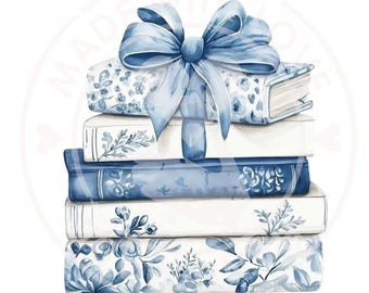 Könnte beinhalten: Eine Illustration von fünf Büchern in Weiß- und Blautönen, verziert mit einer großen blauen Schleife. Die Bücher weisen florale Muster und dekorative Details auf. Die Schleife verleiht dem Stapel eine elegante Note.