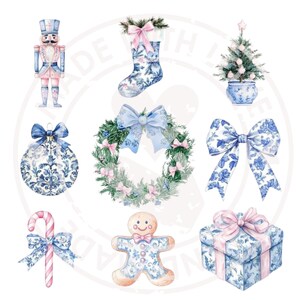May include: A collection of watercolour Christmas decorations. Includes a nutcracker, stocking, Christmas tree, bauble, wreath, bow, candy cane, gingerbread man, and a gift box. All items have a blue and white floral pattern with pink accents.