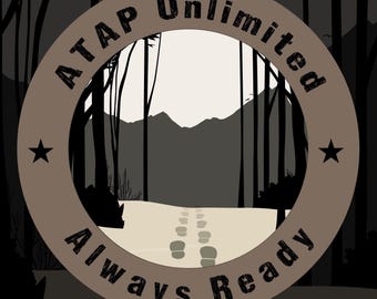 May include: A brown circle with the text "ATAP Unlimited Always Ready" around the edge. Inside the circle is a silhouette of a forest path with footprints leading into the distance.