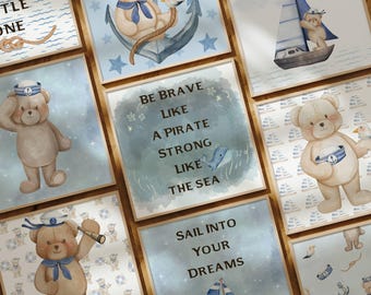 Nautical Teddy Bear Nursery Prints: Coastal Kids Room Decor (Digital Download Set of 9)