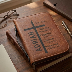 Personalized Bible Case. PU Leather. Four Sizes, Zipper Handle, inside Pockets.