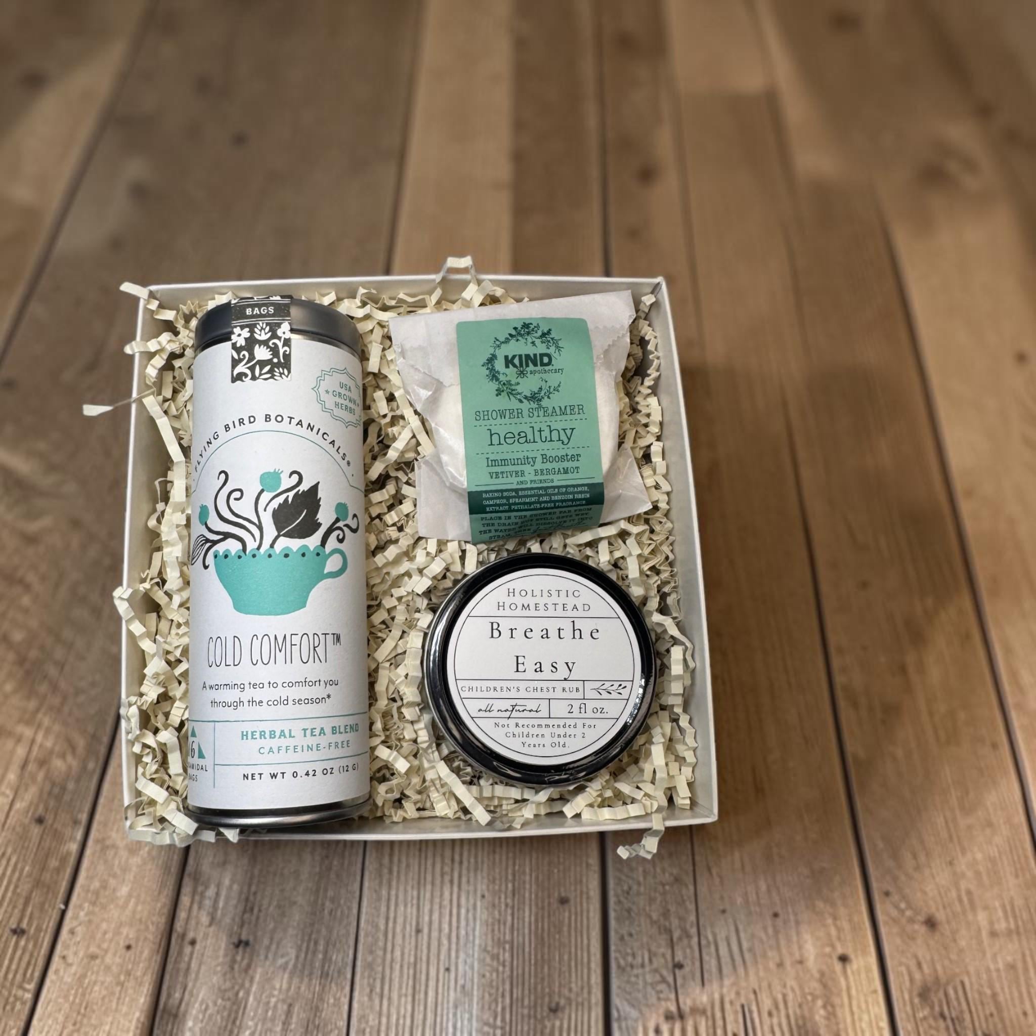 Cold Comfort Herbal Tea, Chest Rub, Shower Steamer Wellness Gift Box