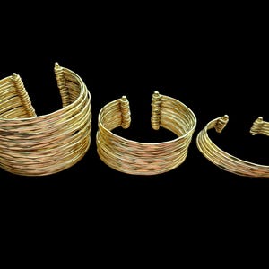 Wide Golden Brass Cuff Bracelet, Hand Hammered Multi-row Statement Jewelry, Ethnic Tribal Chic, Adjustable Boho Cuff, African Inspired