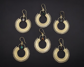 Gold Brass Hoop Earrings with Suspended Natural Stone Harmony and Elegance Jewelry
