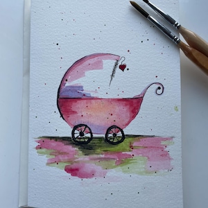 Baby Shower Card | Hand Painted Pink Baby Carriage | Original Watercolor