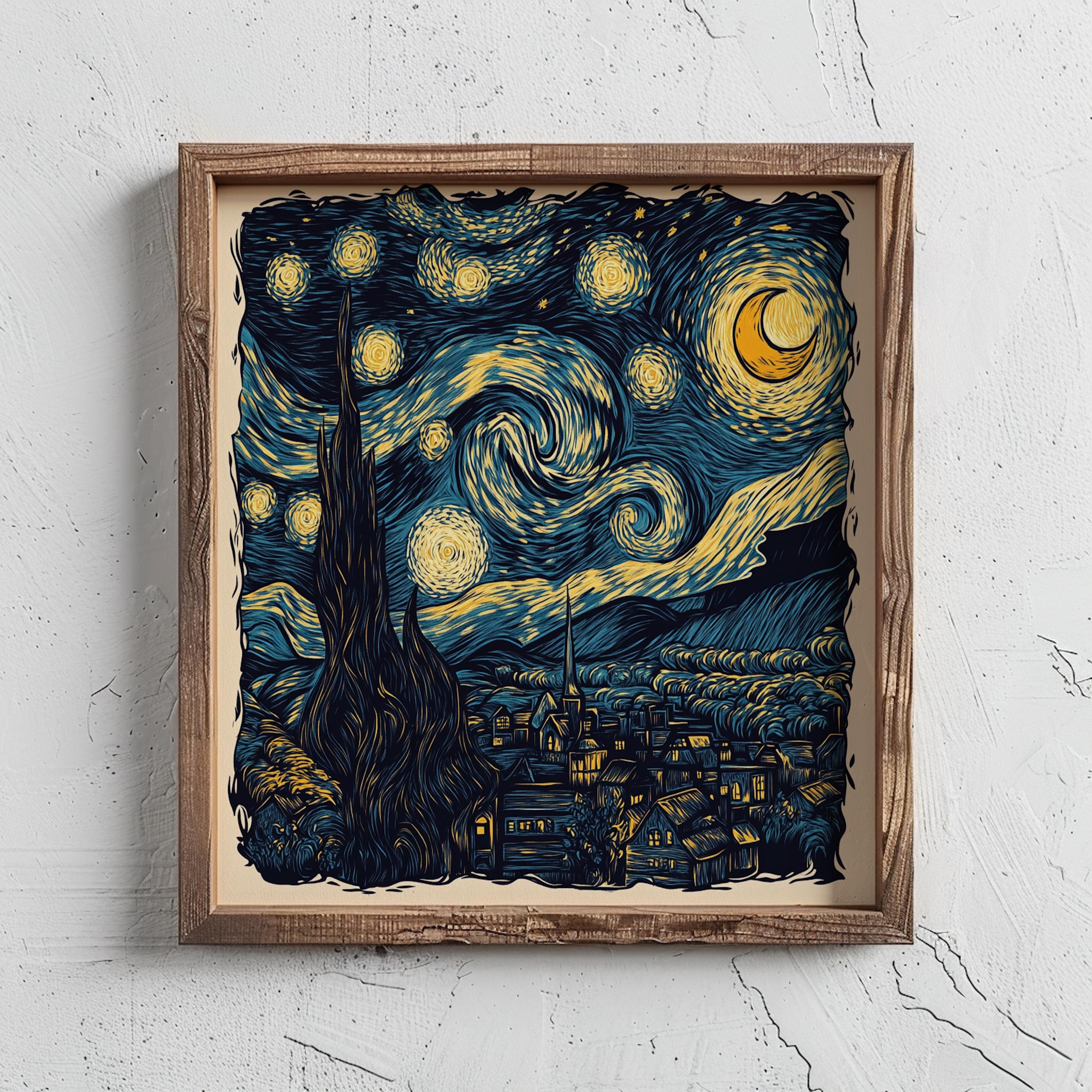Vintage Starry Night Vincent Van Gogh Retro Wall Art – Classic Moon ...
