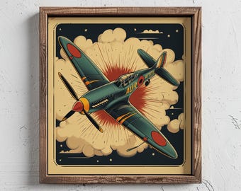 May include: A vintage-style illustration of a green and blue airplane flying through a cloud with a red and yellow explosion behind it. The airplane has a red circle with a white dot on the wings and the text "AURO" on the side.