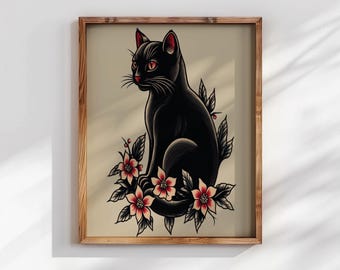 女性と猫のタトゥーアートプリント - Etsy 日本