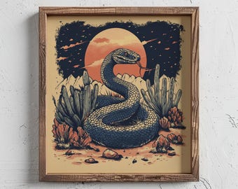 Stampa artistica con tatuaggio di serpente del deserto - Decorazione murale con inchiostro tradizionale erpetologico - Stampa artistica da parete in stile rettile con inchiostro vintage classico