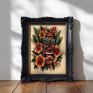 Vintage Tiki Tattoo Flash Art Print – Hawaiian Tropical Bar Decor, Retro Island Wall Art, Rockabilly Home Style