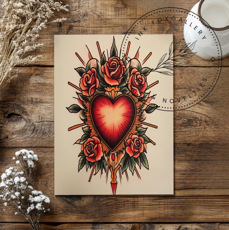 Sacred Heart Retro Traditional Tattoo Flash Art Print- Ink Design Wall ...