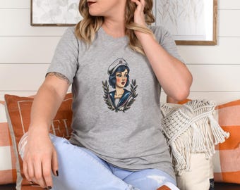 Sailor Jerry Nautical Woman T-Shirt, Sea Vintage Tattoo Flash Unisex Tee, Vintage Ocean Marine Wall Art- Shirt Artwork, Gift Cotton Shirt
