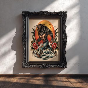 Wolfman Vintage Tattoo Flash Art Print – Retro Skräckväggdekoration, Klassisk Monsterillustration, Varulv Halloween-affisch