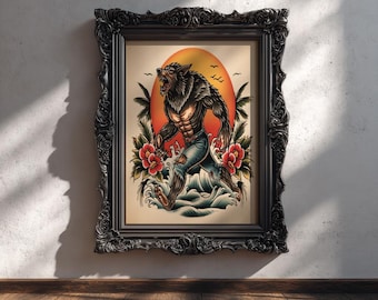 Wolfman Vintage Tattoo Flash Art Print – Retro Horror Wall Decor, Classic Monster Illustration, Werewolf Halloween Poster