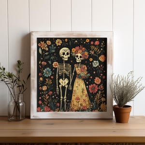 Dia de los Muertos Paar Kunstdruck – Tag der Toten | Buntes Sugar Skull Paar | Mexikanische Tradition inspiriert