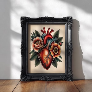 Anatomical Heart Floral Vintage Tattoo Flash Art Print – Traditional Ink Design Wall Decor, Retro, Classic Flash Illustration