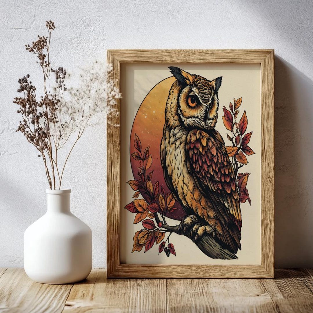 Vintage Woodland Retro Wall Art Owl Print - Rustic Wildlife Decor ...
