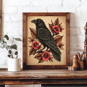 Crow Art Print Bold Botanical, Tattoo Flash Style Decor, Vintage Style Raven Illustration, Gothic Nature Wall Art, Dark Academia Decor Print