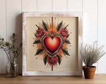Impresión artística de tatuaje tradicional retro con el sagrado corazón: obra de arte de pared con diseño de tinta para San Valentín