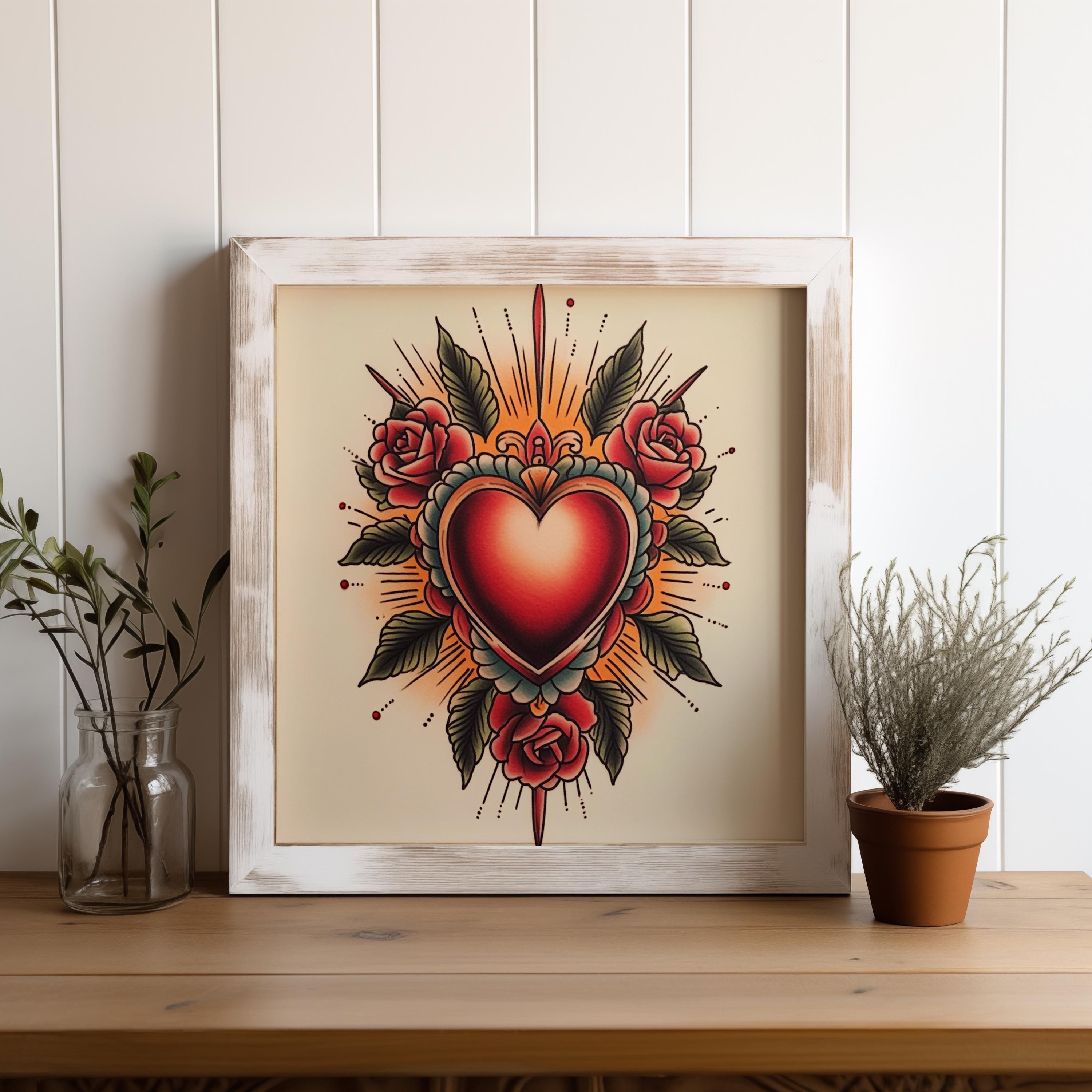 Sacred Heart Retro Traditional Tattoo Flash Art Print- Valentine Ink ...