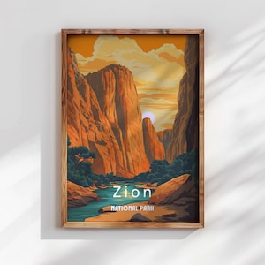 Sztuka ścienna Vintage Zion Retro - plakat retro z parku narodowego - rustykalny wystrój przyrody, dzieło sztuki przyrodniczej w stylu antycznym, prezent dla miłośnika przyrody, sztuka drukowana