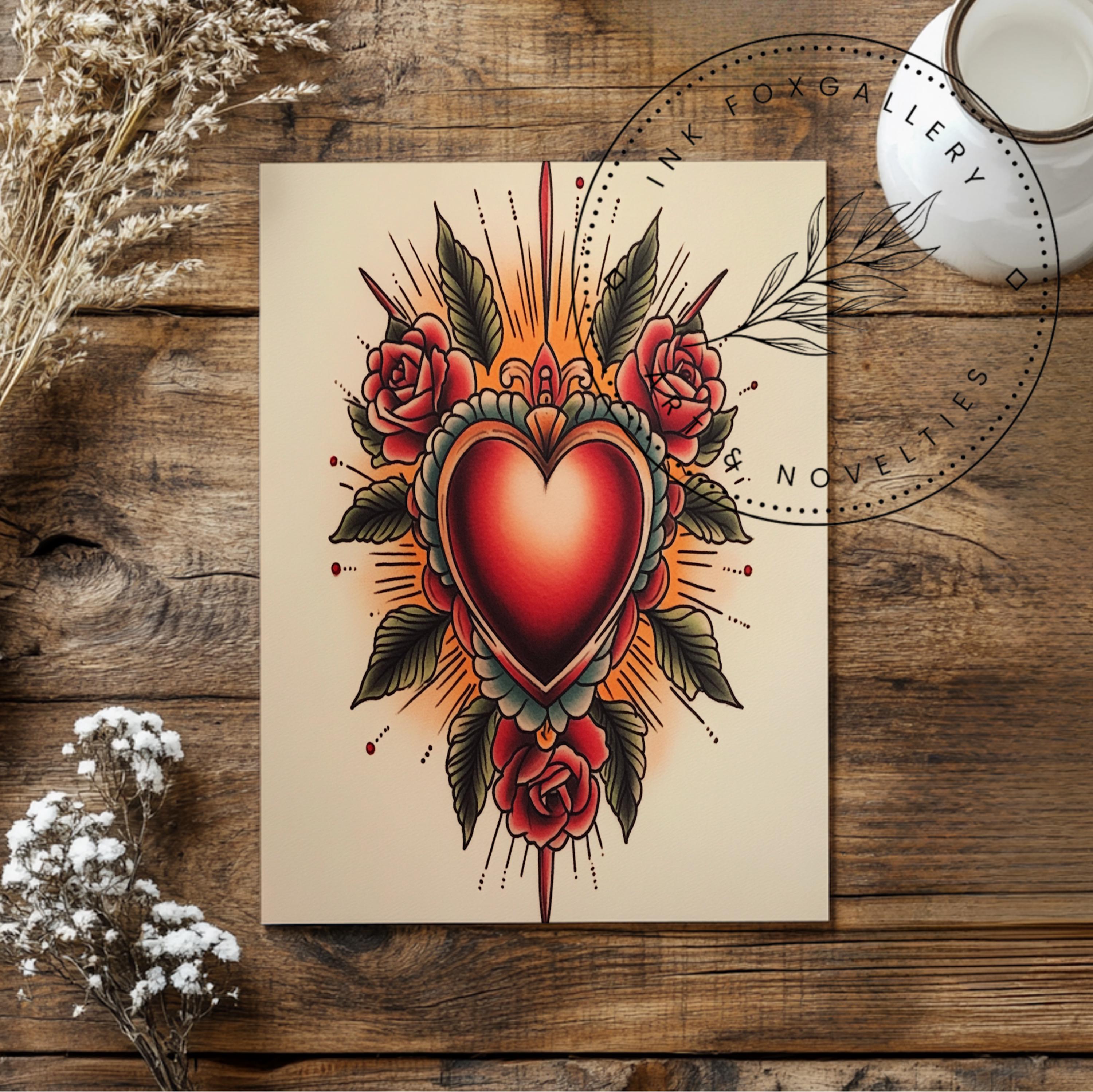 Sacred Heart Retro Traditional Tattoo Flash Art Print- Valentine Ink ...
