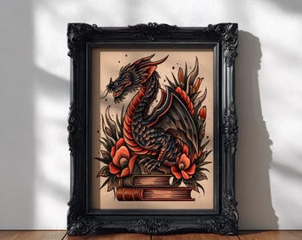 Dragon Art Print Mythical Creature, Vintage Style Dark Fantasy Illustration, Gothic Nature Wall Art, Book lover Gift, Academia Decor Print