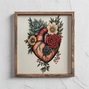 Succulent Floral Heart Vintage Traditional Tattoo Flash Art Print- Ink Design Wall Artwork Gift For Him -Valentine Gift For Her