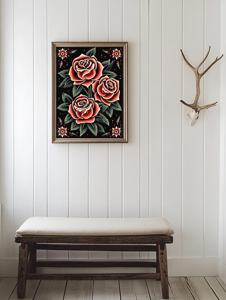 Rose Traditional Tattoo Flash Art Print, Old School Rose Wall Art ...