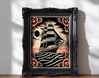 Maritime Nautical Ship, Sea Vintage Tattoo Flash,Vintage Ship Illustration, Nautical Wall Decor, Traditional Sailor Tattoo Art Print