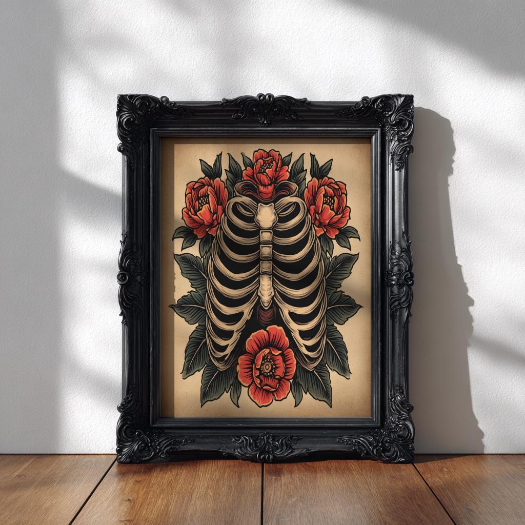 Ribcage Skeleton Floral Art Print, Anatomical Heart Chest Art, Gothic ...
