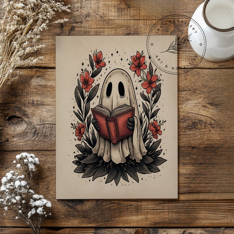 Cute Ghost Reading Art Print | Spooky Book Lover Wall Decor | Gothic ...