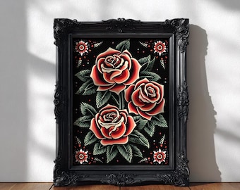 Rose Traditionelles Tattoo Flash Kunst Druck, Alte Schule Rose Wand Kunst Vintage Blumen Illustration, Floraler Stil Dekor Klassische Flash Illustration