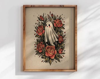Op vintage geïnspireerde spookachtige bloemen Halloween-spooktattooflits — Retrokunstdruk
