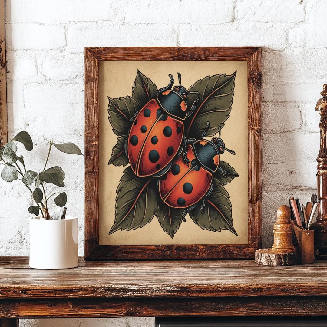 Vintage Ladybug Tattoo Art Print, Traditional Insect Wall Decor, Red ...