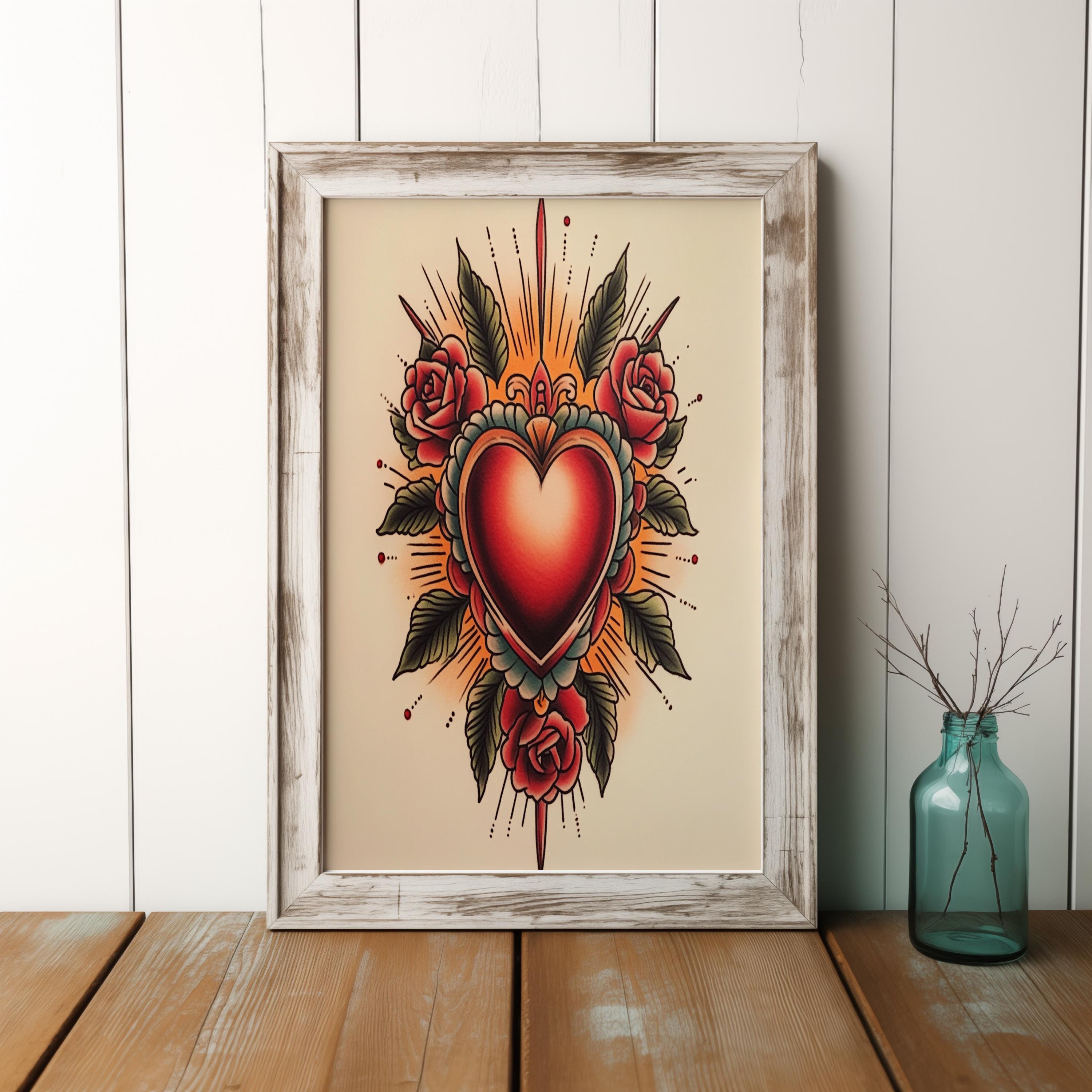 Sacred Heart Retro Traditional Tattoo Flash Art Print- Valentine Ink ...