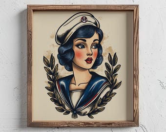 Sailor Jerry Nautical Woman, Sea Vintage Tattoo Flash Portrait, Vintage Ocean Marine Wall Art- Wall Artwork,  Gift Print