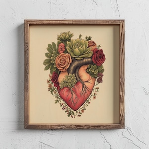 Succulent Heart Vintage Traditional Tattoo Flash Art Print- Ink Design Wall Artwork -Valentine Gift
