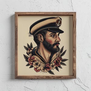Old-School Sailor Jerry Nautical Captain Portrait – Vintage Tattoo Flash Ocean Wall Art – Marine Lover Gift, Retro Marine Tattoo Flash Print