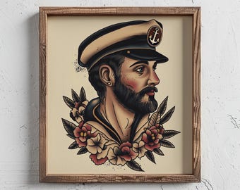 Old-School Sailor Jerry Nautical Captain Portrait – Vintage Tattoo Flash Ocean Wall Art – Marine Lover Gift, Retro Marine Tattoo Flash Print