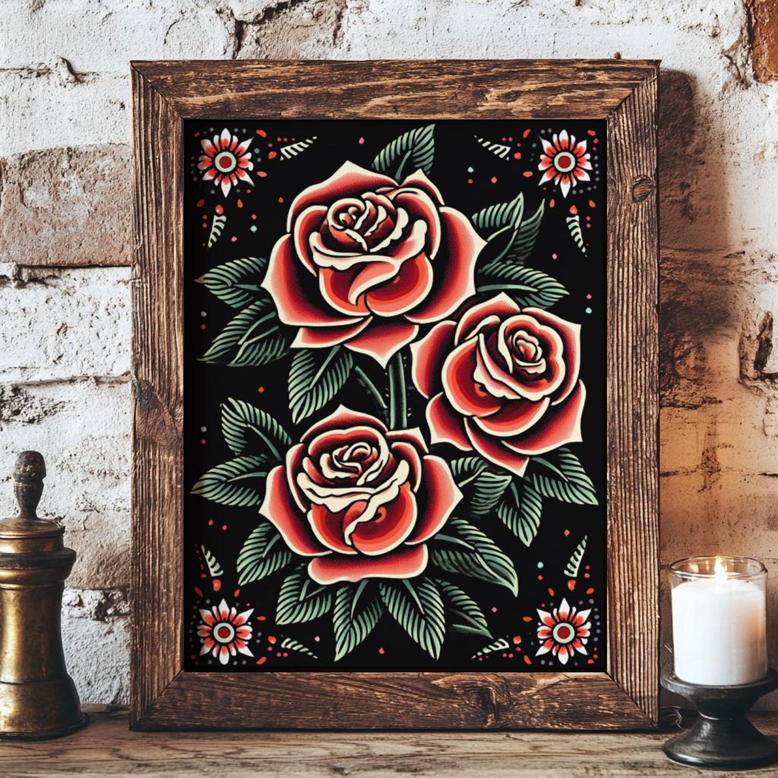 Rose Traditional Tattoo Flash Art Print, Old School Rose Wall Art ...