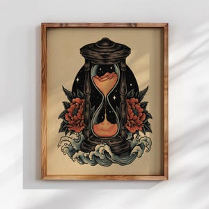 May include: A framed art print featuring an hourglass design. The hourglass is depicted with orange sand and is surrounded by red flowers, waves, and a starry night sky. The artwork has a vintage tattoo style.
