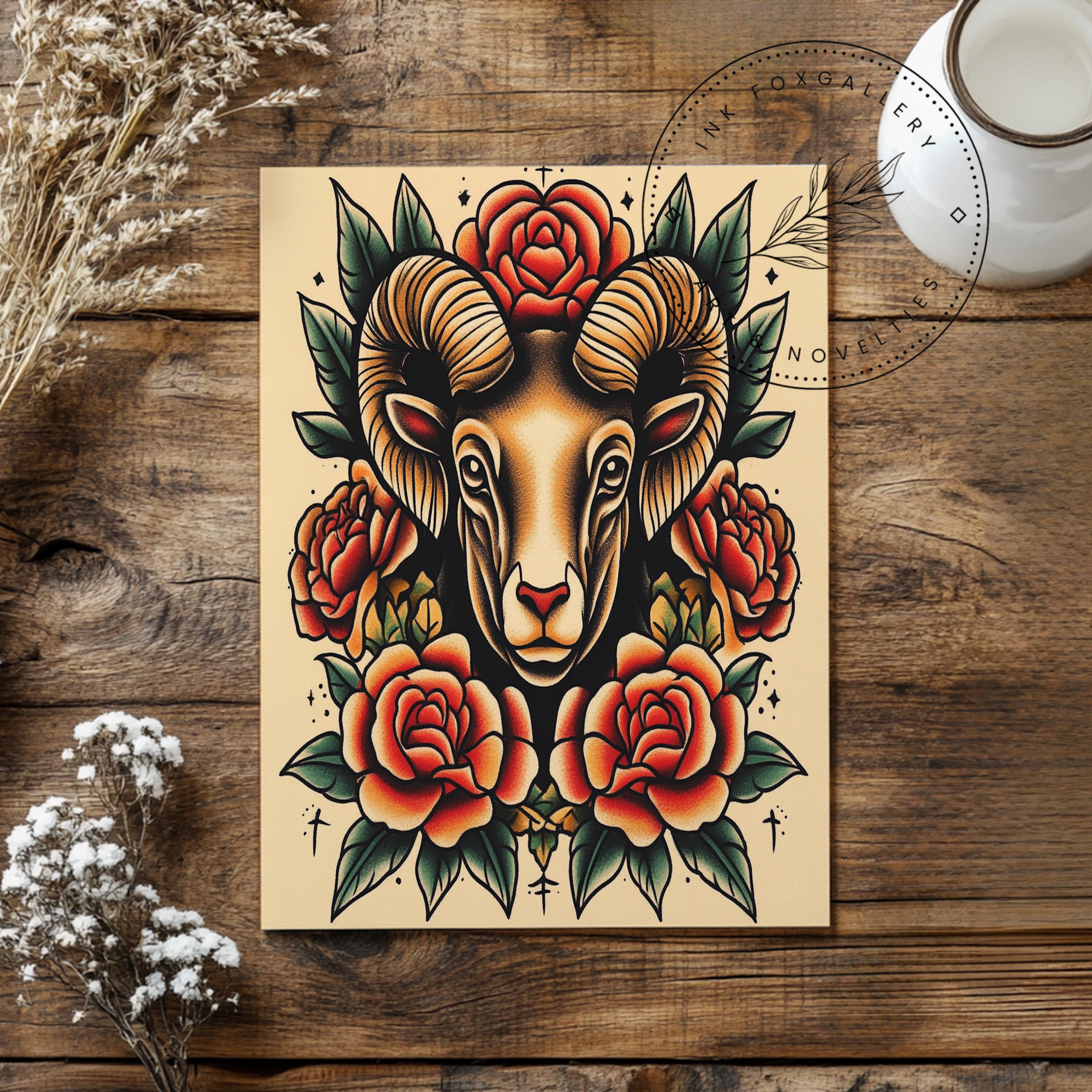 Vintage Tattoo Flash Aries Zodiac Wall Art - Inspired Print
