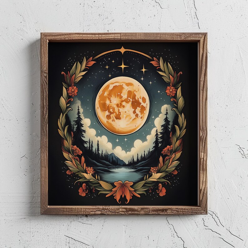 Vintage Full Moon Night Retro Wall Art – Classic Moon & Stars Print ...