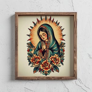 Vintage Flash Inspired Guadalupe Retro Wall Art - Our Lady of Guadalupe Virgen Mary Portrait,  Home Decor Print- Gift For Him