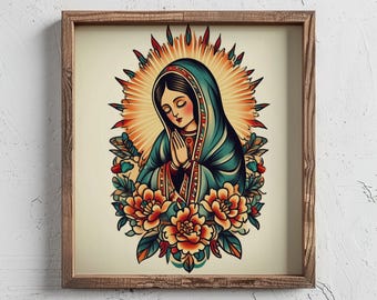 Vintage Flash Inspired Guadalupe Retro Wall Art - Our Lady of Guadalupe Virgen Mary Portrait,  Canva Home Decor Print- Gift For Him