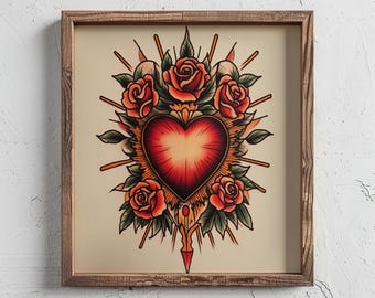 Impresión artística de tatuaje tradicional retro del Sagrado Corazón: obra de arte de pared con diseño de tinta, regalo de San Valentín